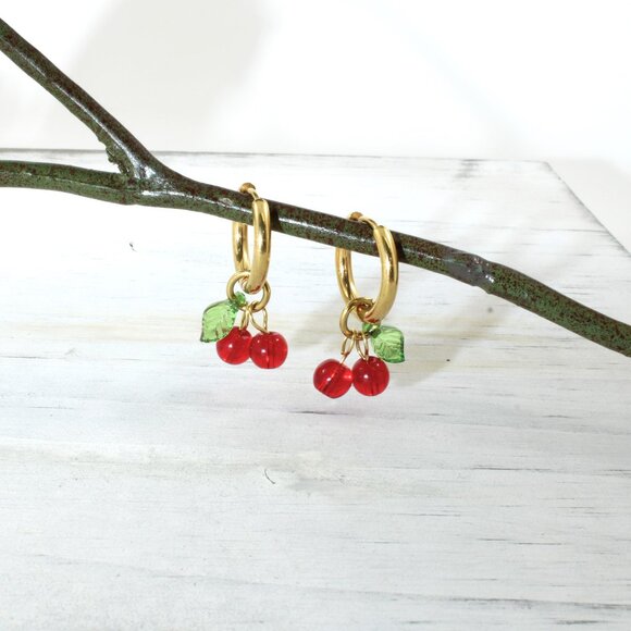 Brand New 14k gold plated 316l Stainless steel Gold Handmade Cherry Earrings - Picture 2 of 2